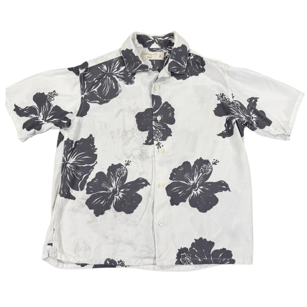 Aeropostale Girls XS Boxy Fit Hibiscus Floral Hawaiian Button Up Shirt Black